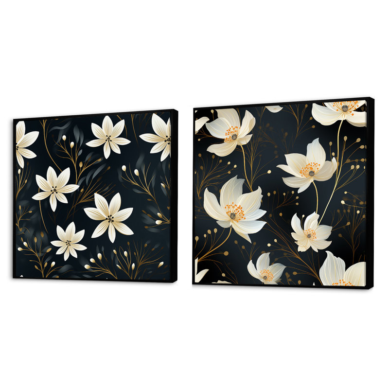 Rosalie - Ensemble de 2 collages carrés botaniques abstraits, Cadre flottant noir, H 16 po x l 33 po