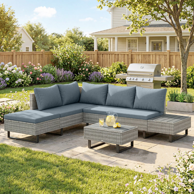 Outsunny 5 Seater Rattan Garden Furniture Set w/Adjustable Back, Grey, Grey