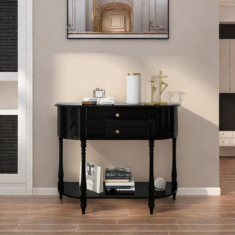 Buffet décoratif demi-rond tout en bois massif All, H 37,2 po x l 39,37 po x P 14,17 po, Noir
