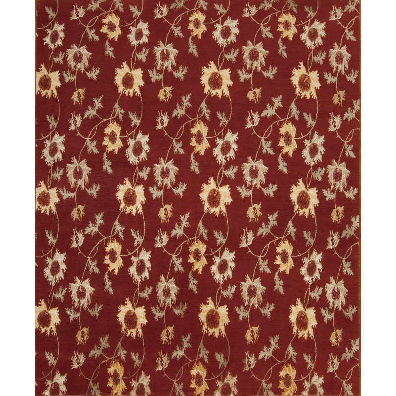 Modern Tibet Hand Knotted Floral Area Rug in Red, Rectangle 8' x 10'