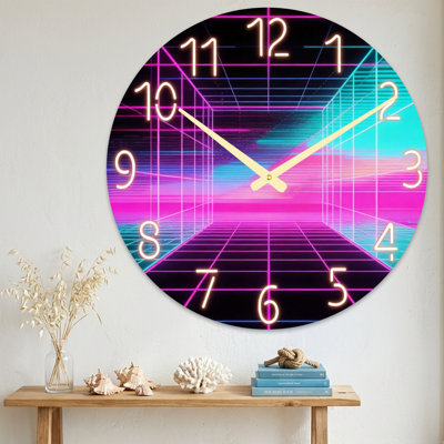 Abstract Neon Grid Tunnel Retro Futuristic Design Pattern Ultra Clear Glass Wall Clock