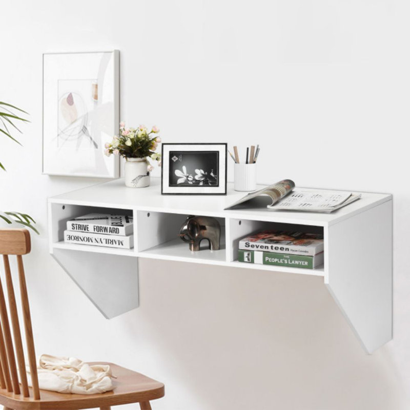 Yves Modern Wall Mounted Floating Computer Table Desk with Storage Shelves, White