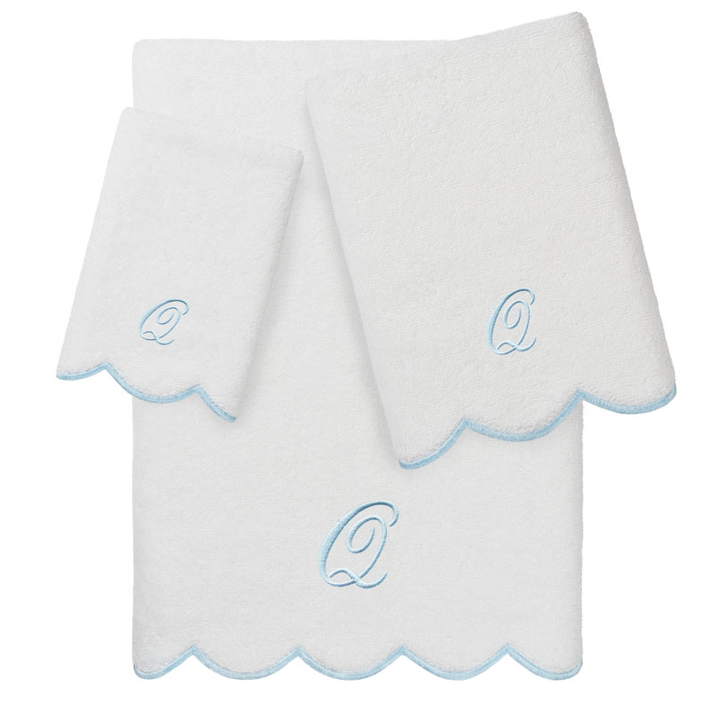  Ensemble de serviettes personnalisées 100% coton ADORNIA, Q, Blanc / Bleu, Ensemble 3 serviettes de bain