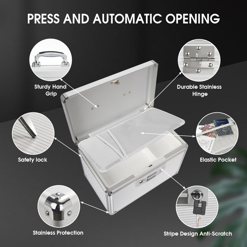 Medicine Lock Box with Key, Alluminum Alloy Lock Box for Medication,First Aid Box with a Removeable Tray to Store Medicines & Pills for Home&Travel,Silver 10 * 6.89 * 6.89 Inch