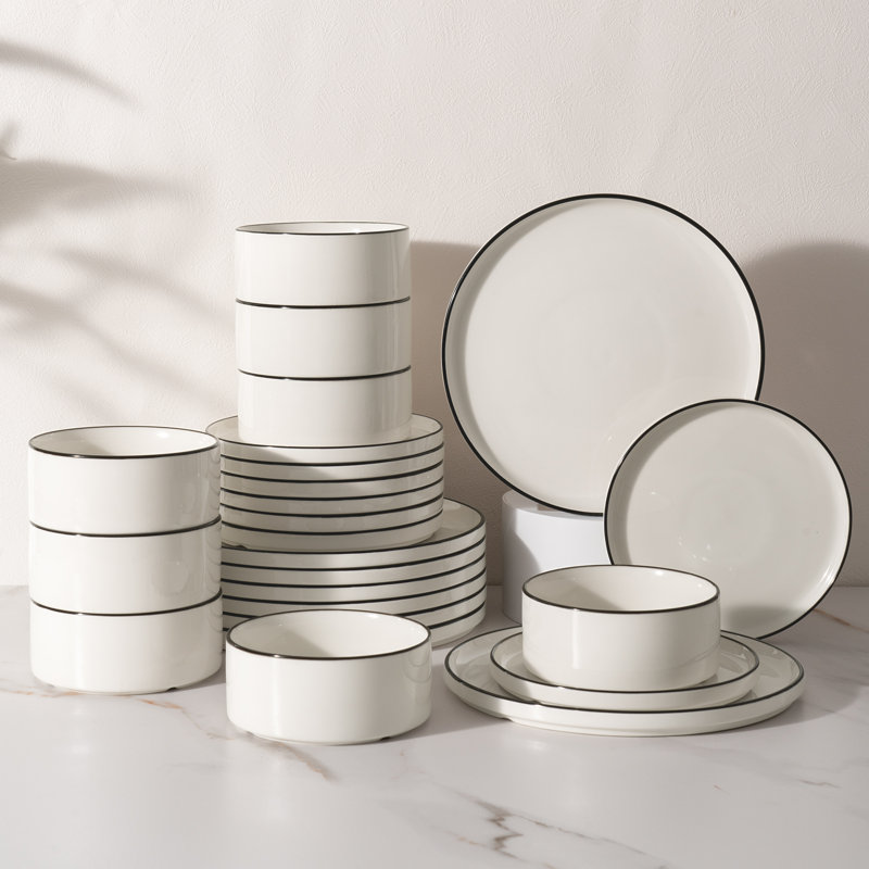  Assiettes et bols en jade, ensemble de vaisselle de 24 pièces, ensemble pour 8, blanc, Blanc avec rebord noir