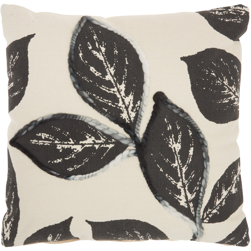 Coussin décoratif floral 20 po gris anthracite et beige avec broderie, Gris anthracite