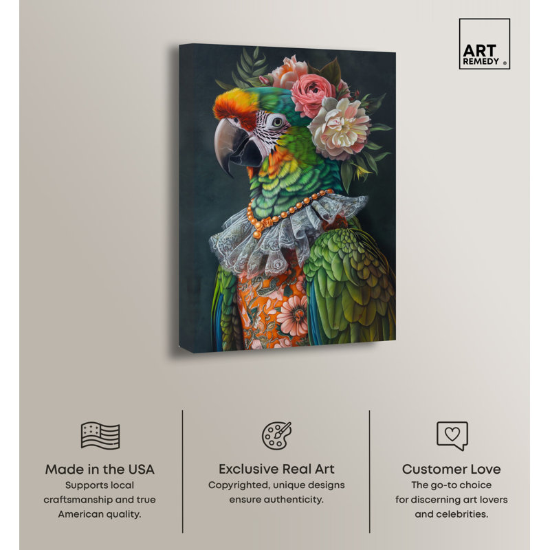 Colorful Parrot Portrait on Canvas with Floral Accents, 24" x 16"