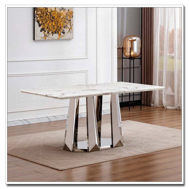 Table de salle à manger en faux marbre avec base en acier inoxydable, pour 6 personnes, Blanc, Argent argent