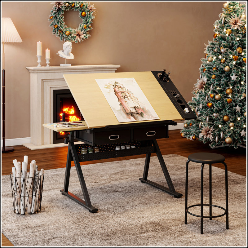 Bureau de dessin réglable avec 2 tiroirs et tabouret, parfait pour le bureau à domicile et l'école, Érable / noir