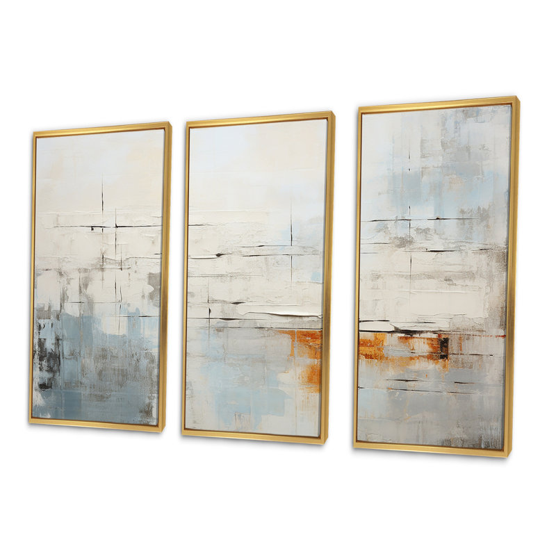 Minimalisme beige et horizon doré - Collages abstraits sur toile, ensemble d'art mural, Cadre flottant doré