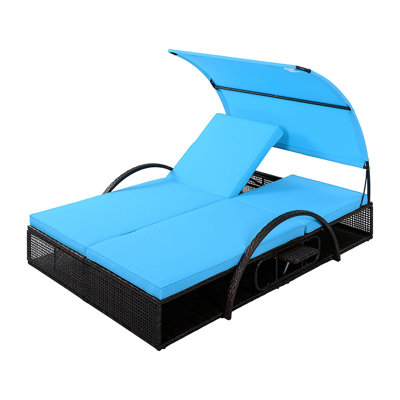 Outdoor Steel Frame Sun Lounger with Adjustable Backrest,Patio Double Sunbed with Hidden Side Table and Arched Armrests,Suitable for Patio Pool Deck,Garden,Backyard