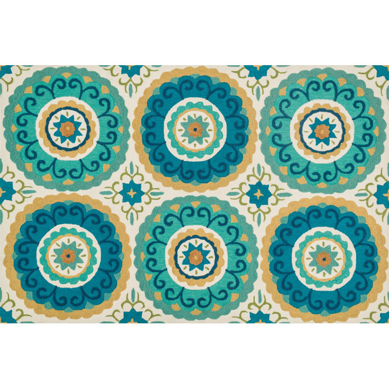 Tapis ivoire / turquoise crocheté à la main Dravin, Rectangle 2 pi 3 po x 3 pi 9 po