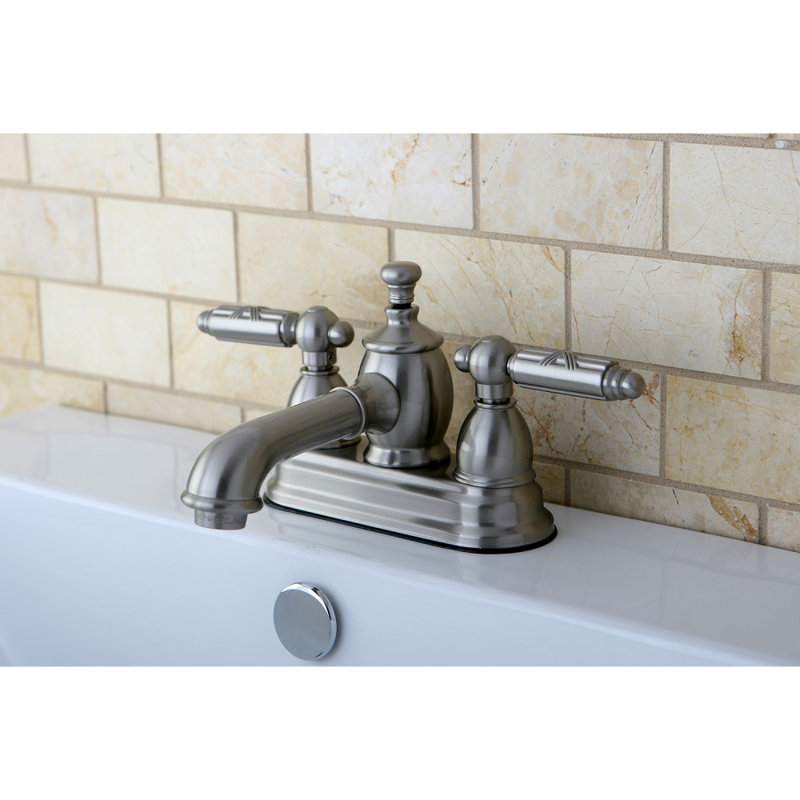 Kingston Brass Georgian Two-Handle 3-Hole Deck Mount 4" Centerset Bathroom Faucet with Brass Pop-Up, Brushed Nickel