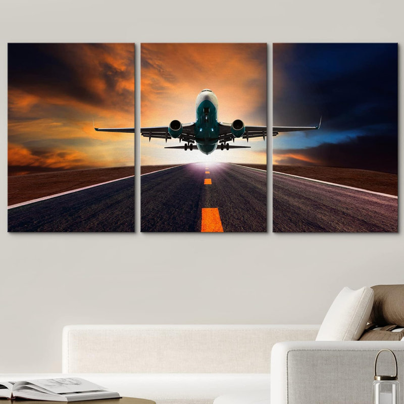 Industrial Machinery " Jet Plane Flying Over Runway At Sunset " 3 - Pieces, 36" H x 72" W x 1.5" D