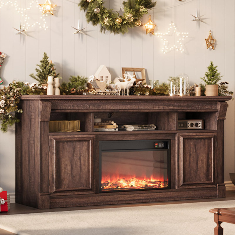 Farmhouse TV Stand, Wood and Engineered Wood Construction, 58" for TVs up to 65", Open Storage Cabinets, Media Console for Living Room（Fireplace not included）