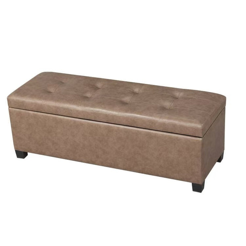 Banc ottoman de rangement capitonné en similicuir de 42 pouces pour salon, Faux Leather, Light Brown