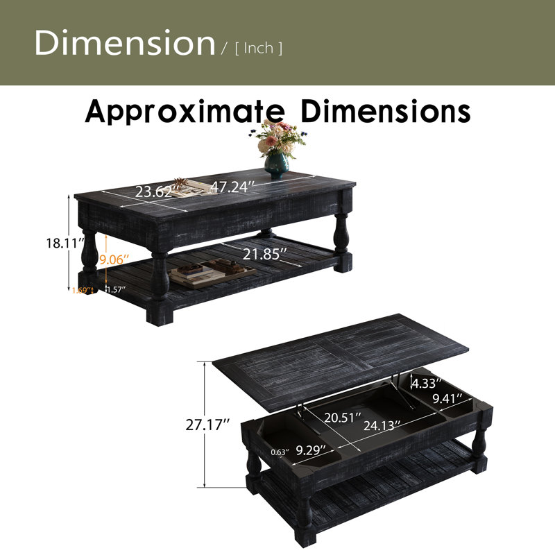 Table basse à plateau relevable avec tablette fixe Farmhouse, Noir antique, Noir antique