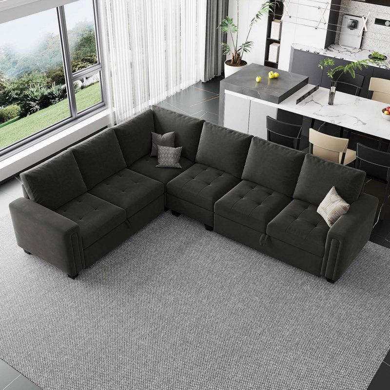 Shavera Velvet Modern Modular L-Shaped Sleeper Sofa Bed, Gray Velvet