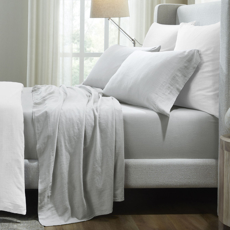 Chloe 100% Cotton Linen Texture Vintage Wash Solid Deep Pocket Percale Sheet Set, Queen Sheet Set, Silver