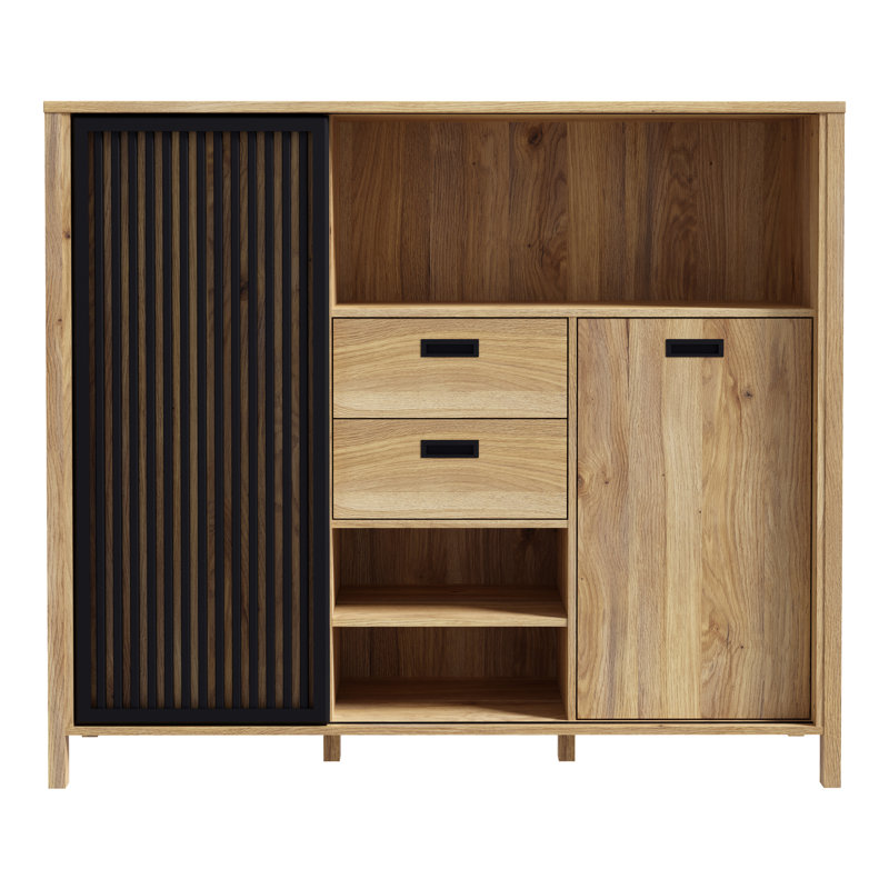 Sliding Door Cabinet with Compartments and Drawers, 149,9 cm W x 129,9 cm H x 40,2 cm D