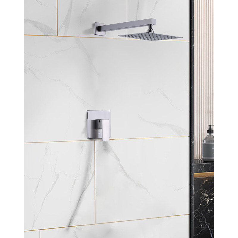 Single Handle Square 1 -Spray Shower Faucet 1.8 GPM With 15 In. Shower Arm And Pressure Balance, Brushed Nickel