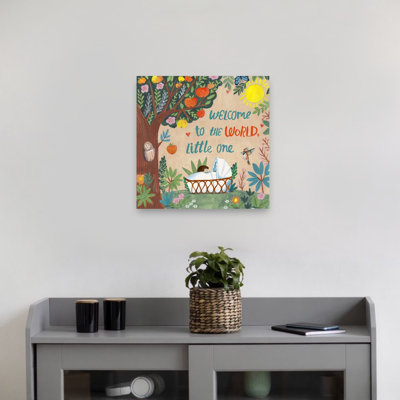 Bienvenue dans le monde ! Affiche murale abstraite et contemporaine représentant un pommier, un papillon, un oiseau et une forêt, avec une nature préservée.