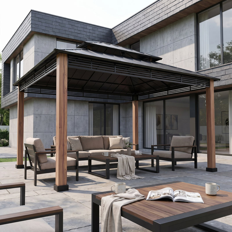 Pavillon de jardin d'extérieur à toit rigide de 13 pi x 15 pi avec toit en acier à 2 niveaux SUNJoy Epping