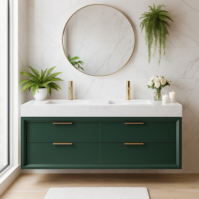 Meuble-lavabo mural double 48 po avec comptoir en pierre, lumière DEL et 6 tiroirs à fermeture en douceur, conception moderne