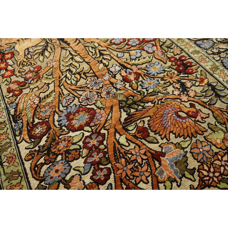1950s Beige Floral Animal Vintage Silk Turkish Hereke Rug Handknotted Wool Carpet 2'0" x 3'0" Area Rug