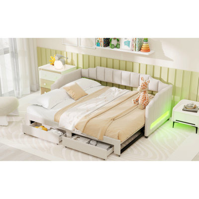 Extendable Upholstered Daybed With Led And Storage Drawers,Elevates Room Aesthetics Drawers 7 - Color Lighting, Pine Wood Structure by Mercer41