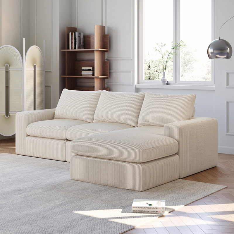 99-Inch Corduroy Cloud Sectional Sofa with Chaise, L-Shaped Modern Upholstered Sectional Sofa with Three pillows, Corduroy Sectional Sofa for Living Room and Bedroom, No Assembly Required