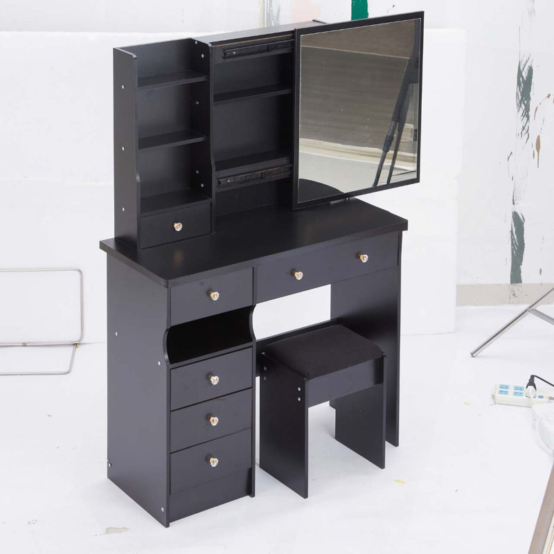 Tabouret de meuble-lavabo de 37 po de taille moyenne avec tiroir à gauche, très grand miroir coulissant à droite, rangement multi-couches à grande capacité, commode pratique et pratique, convient aux grands espaces