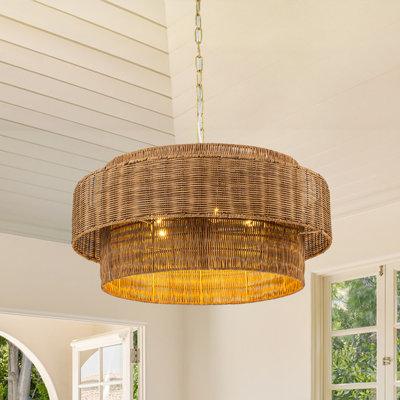 5-Light Double-Tiered Rattan Drum Chandelier