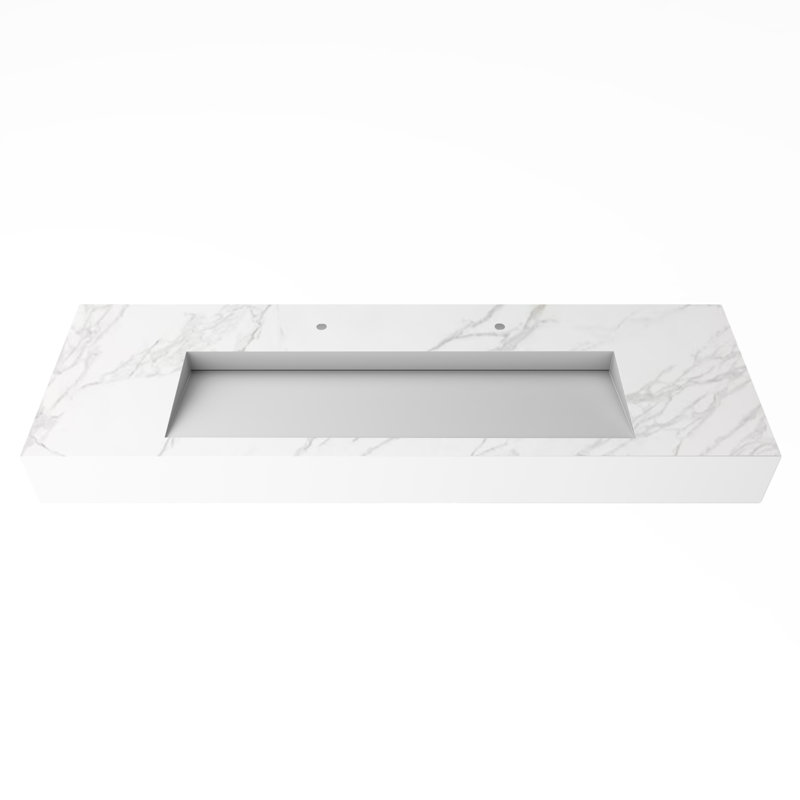 Lavabo de salle de bain mural rectangulaire 72 po Pyramid, 2 trous de robinet, Marbre blanc