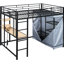 Lit mezzanine double en métal avec bureau, tablettes, prise électrique, lampe à DEL et garde-robe en noir. Économisez de l'espace dans votre maison. Construire. L 77,4 po x l 56,5 po x H 66,5 po. Matelas non inclus. Tablettes noires à assembler,-1992120418-1992120419