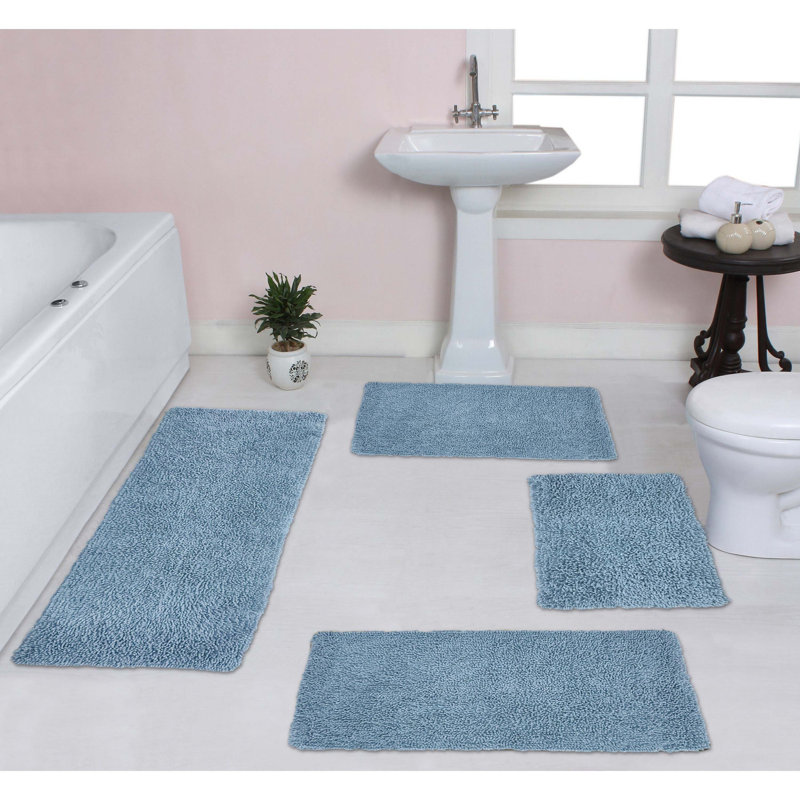 Tapis de bain 100% coton lavable à la machine Fantasia (ensemble de 4), Bleu