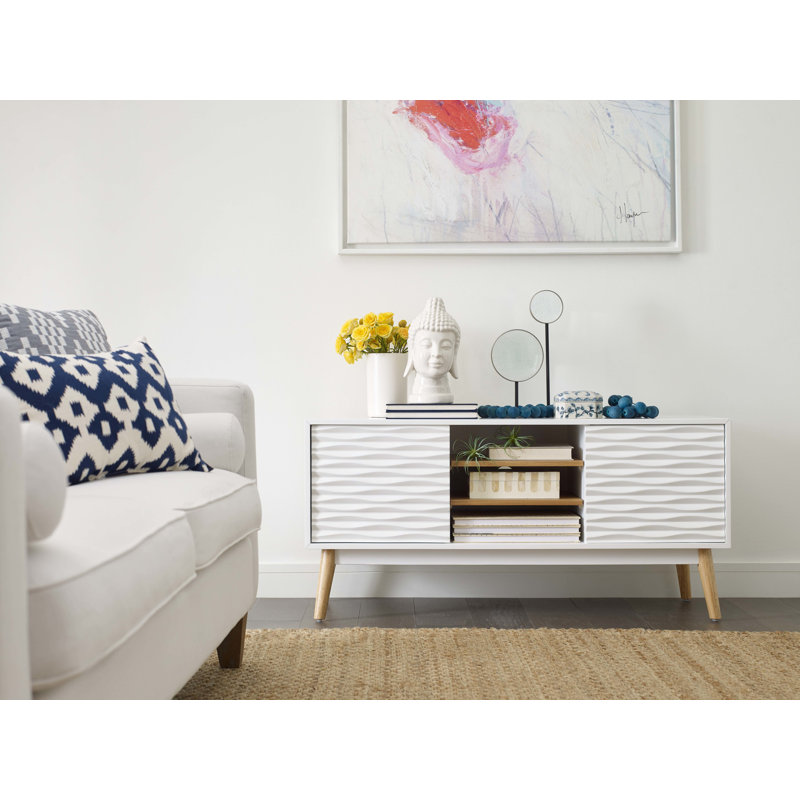 Elle Decor Aurie Modern TV Console Media Stand, Living Room Universal Entertainment Center with Extra Storage, Midcentury Wood Legs, White