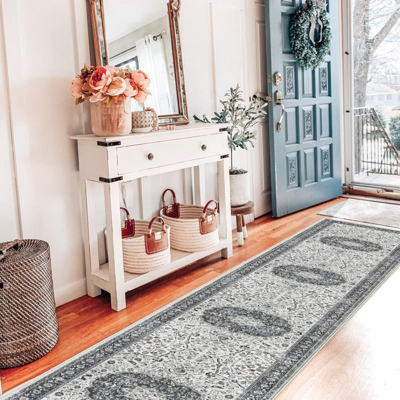 Washable Entryway Area Rug: Vintage Soft Thin Door Mat with Non Slip Backing Water Resistant Carpet for Bedroom Low Pile Floor Mat for Kitchen Bathroom Laundry Easy Clean Rug for Family(Grey)