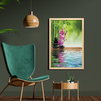 Orchid Flowers Pebble Stones and Bamboo on Water - Picture Frame Graphic Art Print on Fabric -  East Urban Home, A2E044E632F4485C90C9E35132275675