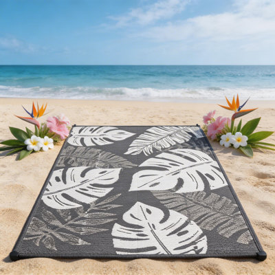 Tapis d'extérieur imperméable en plastique avec paille, tapis tissé à la feuille de style tropical moderne, tapis réversible résistant aux rayons UV pour le camping