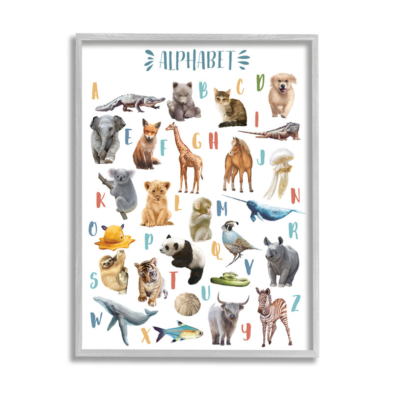 " Kid's Playful Animal Alphabet ", Farmhouse Grey Framed Giclee, 30" H x 24" W x 1.5" D