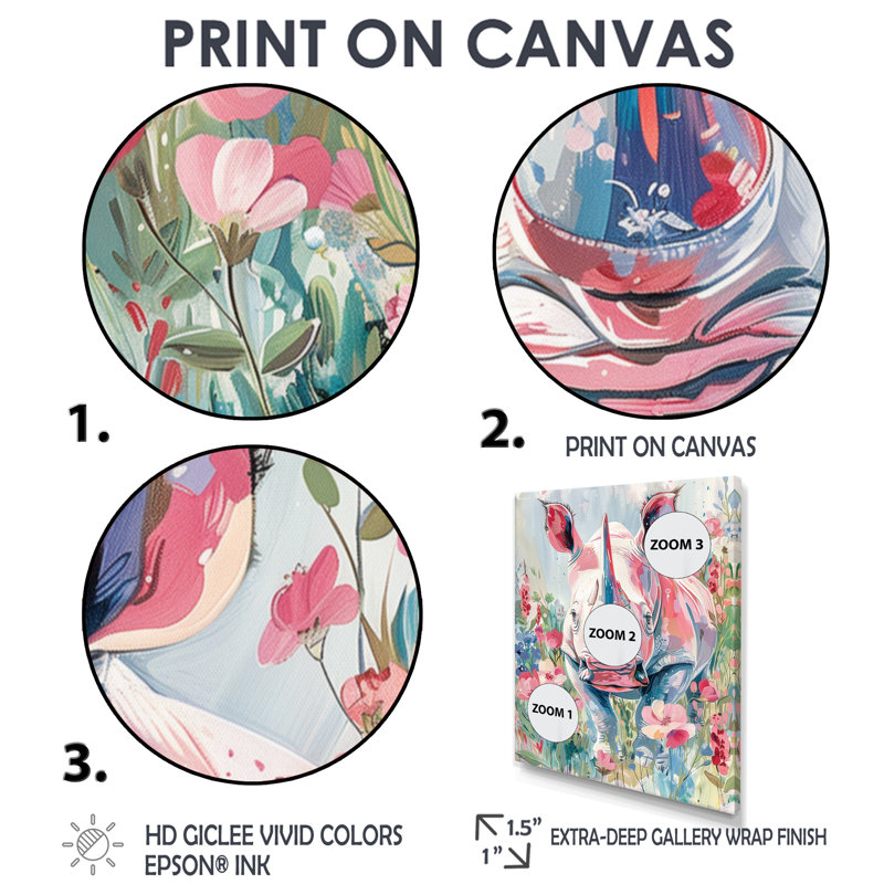 Reproduction d'art mural rose, rhinocéros vert, Meadows I - Rhinoceros, Cadre simple noir, H 12 po x l 20 po