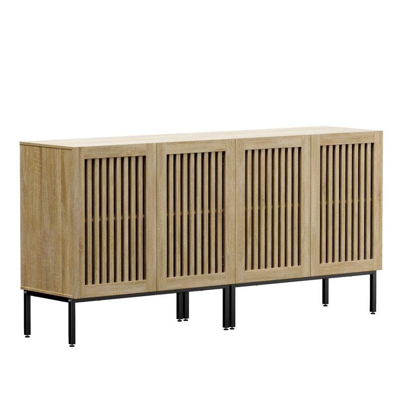 Oak 6-Door Buffet Cabinet with Metal Base and Adjustable Shelves
