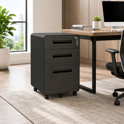 17.7'' W x 22.8'' H 3-Drawer Mobile File Cabinet for Letter/Legal Size Files, Steel Metal Office Storage Cabinet with Lock and Wheels, Dark Wood Grain