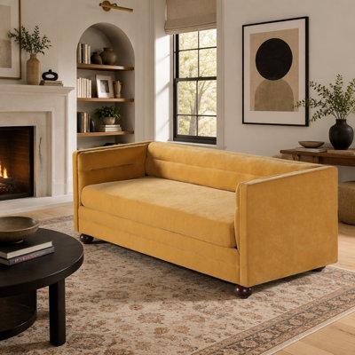 Canapé moderne 3 places, 196 cm (77,2 pouces) en chenille jaune, dossier arrondi et accoudoirs carrés, idéal pour le salon et l'appartement.