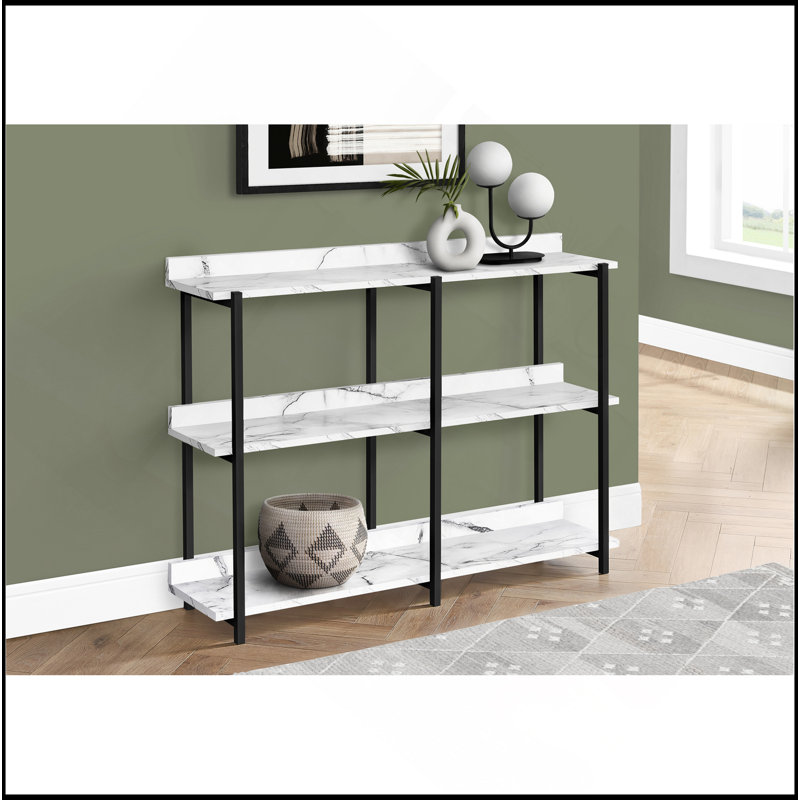 Accent Table, Console, Entryway, Narrow, Sofa, Living Room, Bedroom, White Marble Look Laminate, Black Metal, Contemporary, Modern
