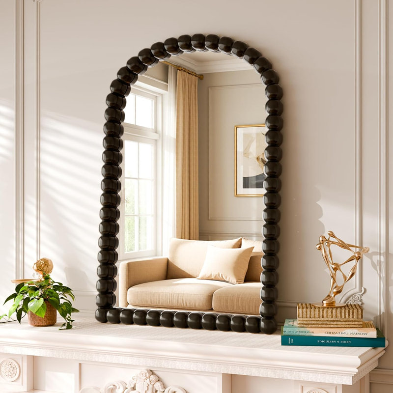 Arched Bathroom Wall Mounted Vanity Mirror, Vintage Beaded Decorative Makeup Mirror, 24" x 36", Black