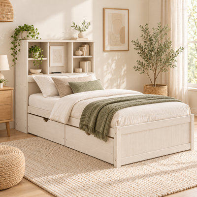 Nookelyn Twin Modern Platform Bed Frame with 2-Tier Bookcase Headboard, Built-In USB Charging Port, Two Sliding Under-Bed Storage Drawers, 10 Solid Wood Slats, 200 lb Capacity