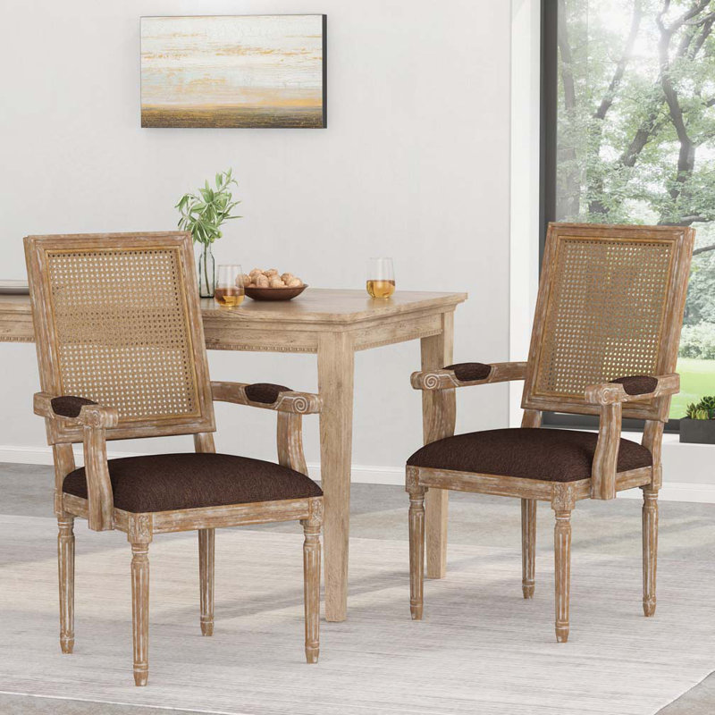 Chaise de salle à manger avec accoudoirs et dossier en rotin, Brun, Naturel