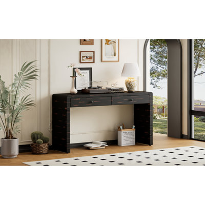 Console courbée avec rangement, table d'entrée en bois avec 2 tiroirs, console rustique de style campagnard pour entrée, couloir, salon, noir vieilli
